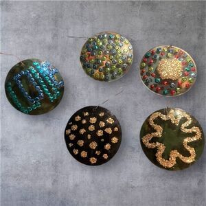 Vintage  Sequin/Glitter Plastic Disk Ornaments Set of 5 Retro Christmas Décor